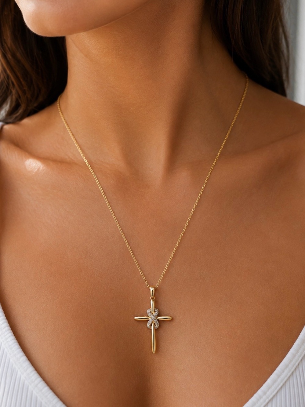Gold Tone Sterling Silver Lab Grown Diamond Cross Necklace 0.10 CTW